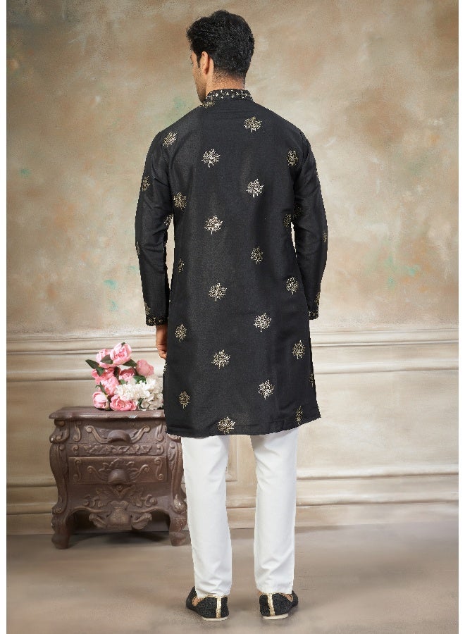OUTLUK Black Embroidered Kurta with Cotton Pajama for Men - Image 2